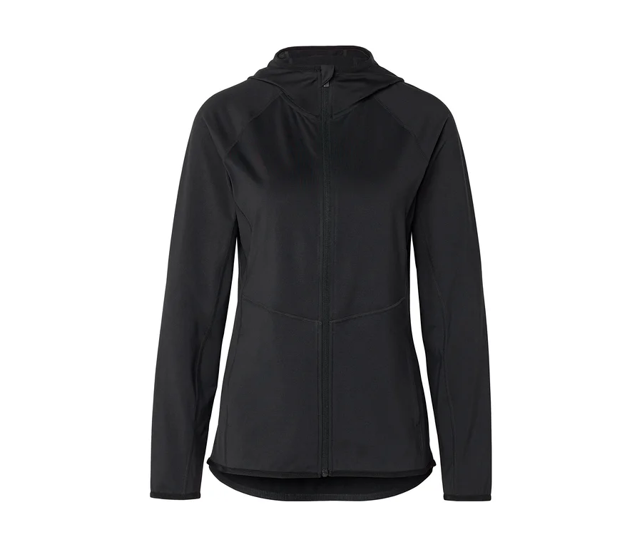 Schwarze Kapuzenjacke mit Reißverschluss und langen Ärmeln.