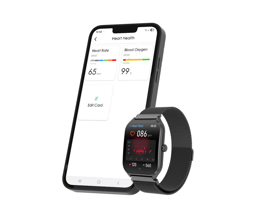 Ein schwarzes Smartphone zeigt eine Herzgesundheits-App mit einem Herzfrequenzwert von 65 bpm und einem Blutsauerstoffwert von 99 %. Davor liegt eine schwarze Kienzle Uhr »Smart Slim« mit Mesh-Armband, die eine Herzfrequenz von 86 bpm und ein Diagramm anzeigt.