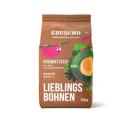Eine Packung Eduscho Lieblingsbohnen Aromatisch, 750g ganze Bohne. Auf der Packung ist ein Faultier und eine Tasse Kaffee abgebildet.