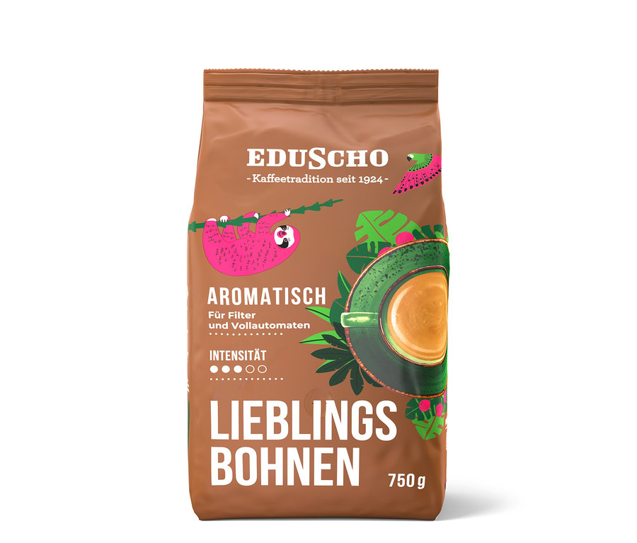 Eine Packung Eduscho Lieblingsbohnen Aromatisch, 750g ganze Bohne. Auf der Packung ist ein Faultier und eine Tasse Kaffee abgebildet.
