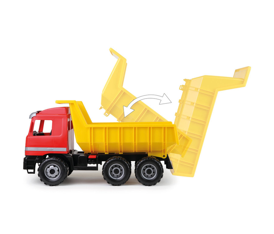 Roter GIGA TRUCKS Muldenkipper »Actros« mit gelber Kippmulde, die sich nach oben neigt, um zu entladen.