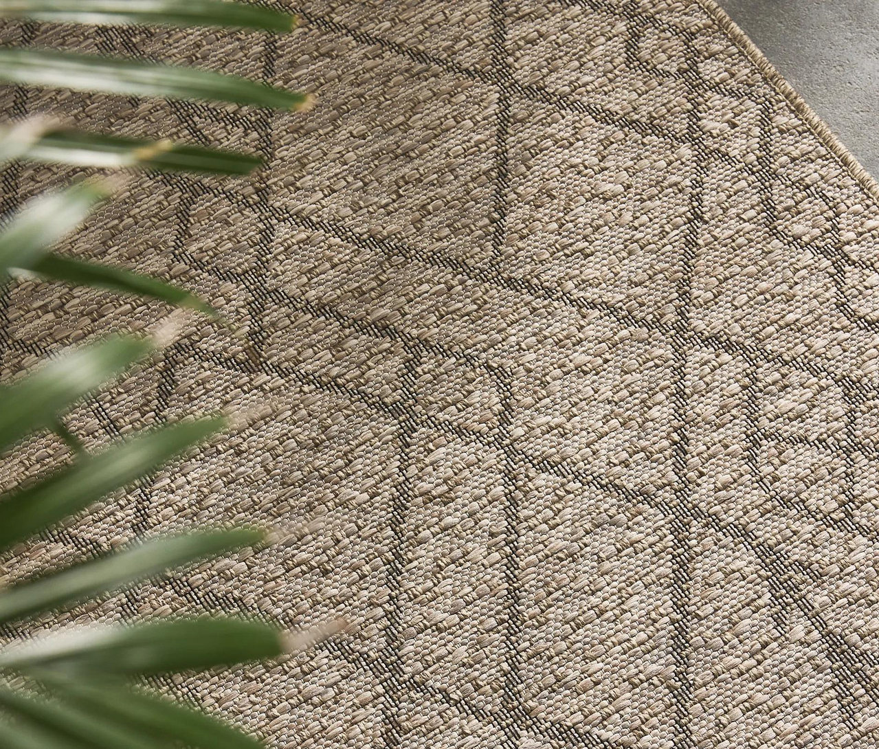 Nahaufnahme eines beigefarbenen, gewebten Teppichs mit dunklem geometrischem Muster, teilweise verdeckt von grünen Pflanzenblättern im Vordergrund.