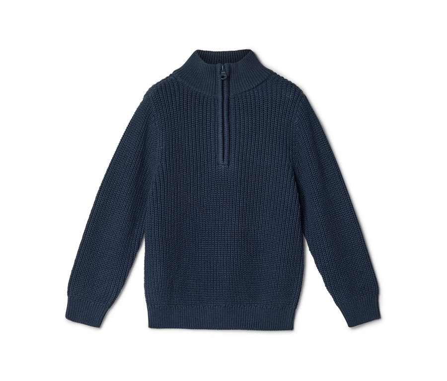 Dunkelblauer Strickpullover mit Stehkragen und kurzem Reißverschluss.