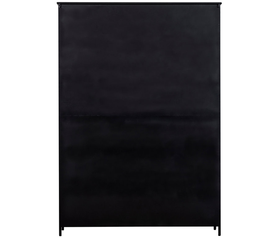 Schwarzer, rechteckiger Schrank von hinten mit kleinen Füßen und einer horizontalen Naht.