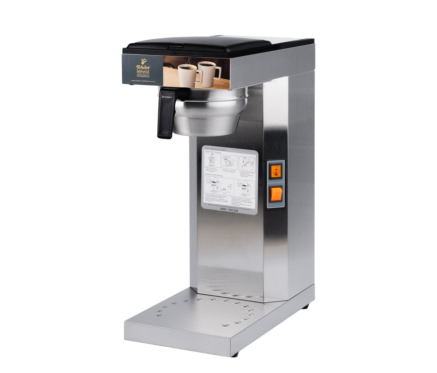 Ein silberfarbener Kaffeeautomat »Tchibo Businessline« ohne Kanne.