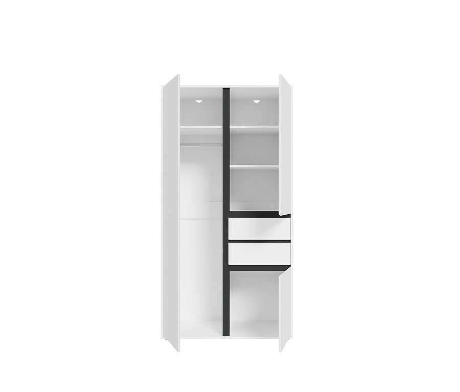 Weißer Kleiderschrank mit offenen Türen, links eine Kleiderstange, rechts Regalböden und zwei Schubladen, getrennt durch eine schwarze Mittelwand.