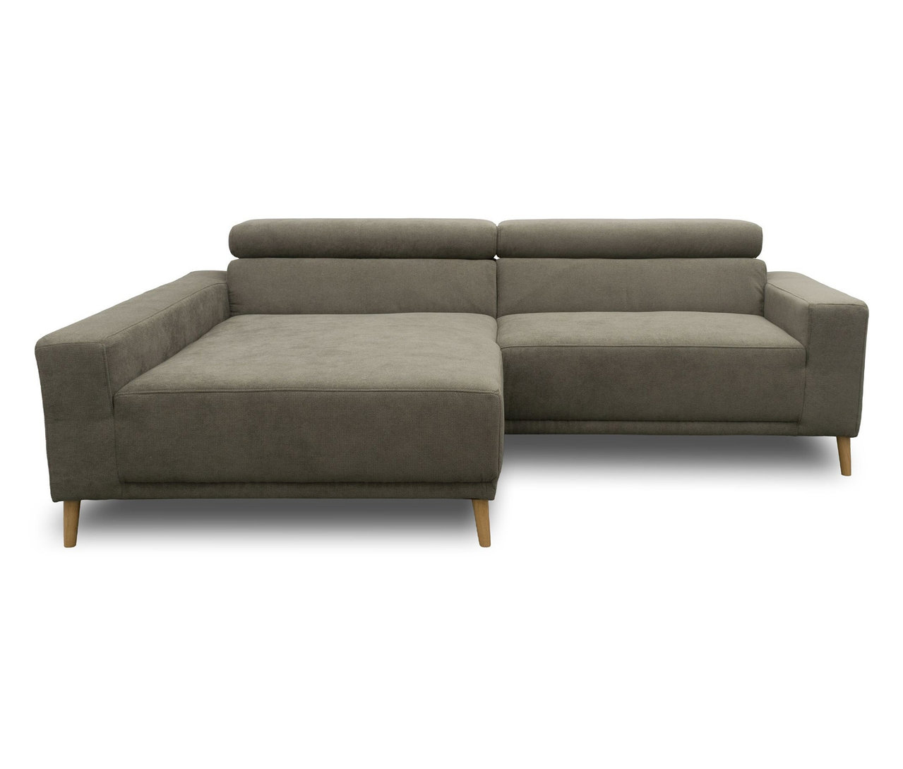 Graues DOMO Ecksofa »Malmö« mit Longchair links, Kopfteilverstellung und Holzfüßen.