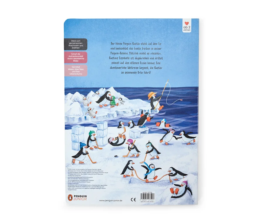 Cartoon von Pinguinen auf Eis und im Wasser. Gustav, mit Strohhut, angelt von einer treibenden Eisscholle. Andere Pinguine spielen Hockey, rutschen und ziehen ein Seil.