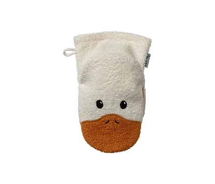 Weißer Frottee-Waschhandschuh in Entenkopf-Form mit schwarzen Augen und orangebraunem Schnabel.