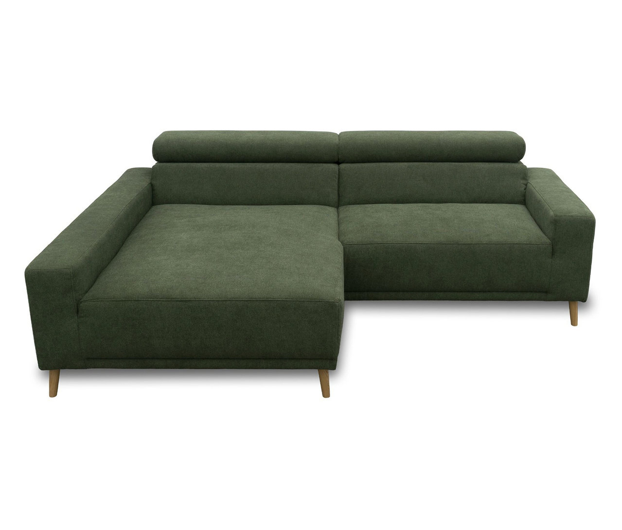 DOMO Sofa »Malmö« in Grün mit Longchair links, Kopfteilverstellung und Holzfüßen.