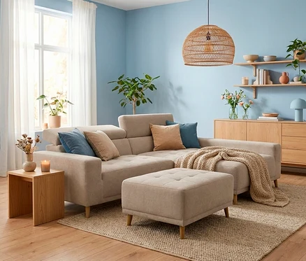 Ein gemütliches Wohnzimmer mit hellblauen Wänden. Eine beigefarbene Eckcouch mit Hocker steht auf einem Juteteppich. Die Couch ist mit Kissen und einer Decke dekoriert. Links ein Holztischchen mit Vase und Kerze, rechts ein Holzschrank mit Regalen und Pflanzen. Eine Rattan-Pendelleuchte hängt von der Decke.