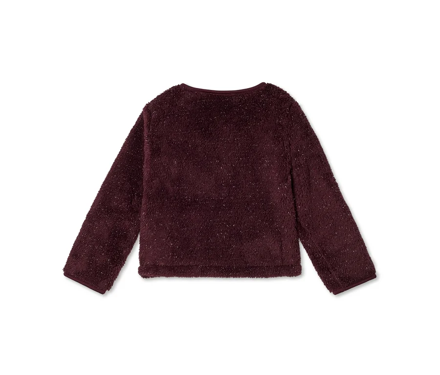 Burgunderfarbener, flauschiger Langarmpullover mit dezenten silbernen Sprenkeln, von hinten gezeigt.