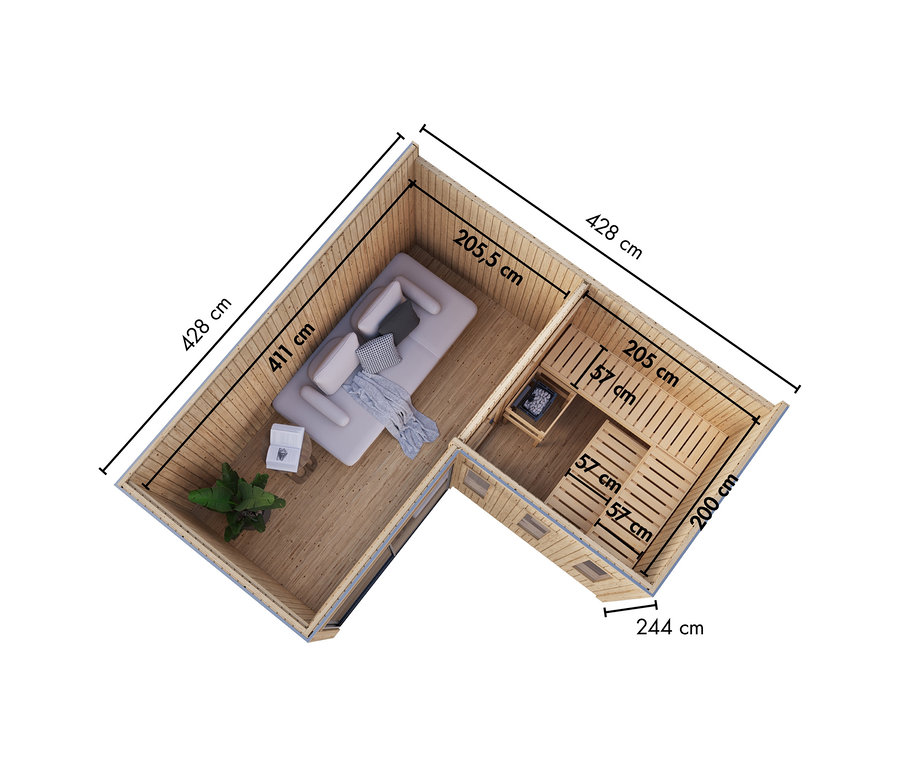 Grundriss des L-förmigen Karibu Saunahauses »Gwen« Deluxe aus Holz mit Maßen. Der größere Bereich zeigt ein Sofa, Beistelltisch und Pflanze, der Saunabereich Holzbänke und Ofen.