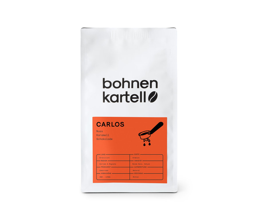 Weiße Packung bohnenkartell - Carlos Espresso - 250 g Ganze Bohne mit Infos zu Nuss, Karamell und Schokolade.