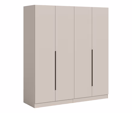 Heller beiger xonox Nordic 4-türiger Kleiderschrank mit schwarzen vertikalen Griffen.