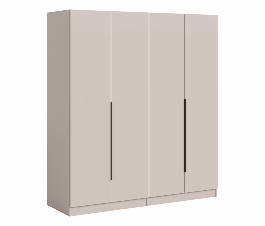 Heller beiger xonox Nordic 4-türiger Kleiderschrank mit schwarzen vertikalen Griffen.