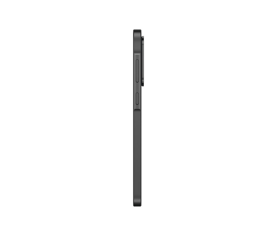 Seitenansicht eines schwarzen Mobiltelefons. Samsung Galaxy A36 5G 128GB awesome black.