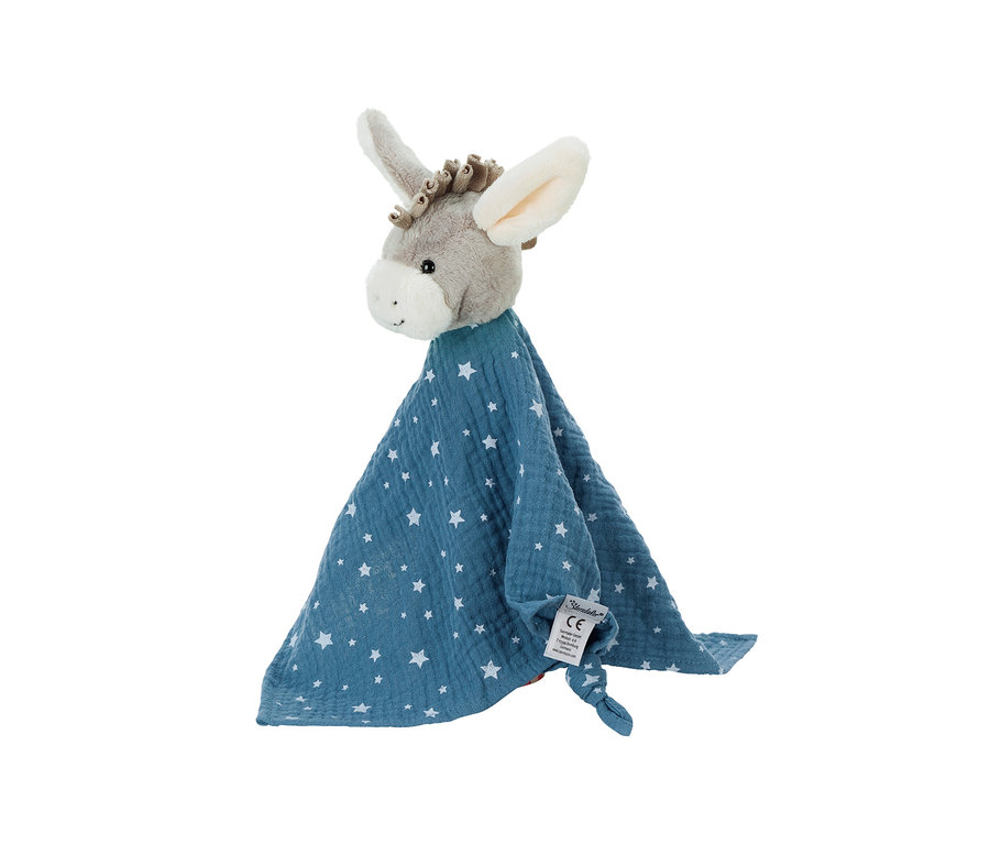 Baby-Schmusetuch mit grauem Plüsch-Eselkopf und strukturiertem blauem Tuch mit weißen Sternen.