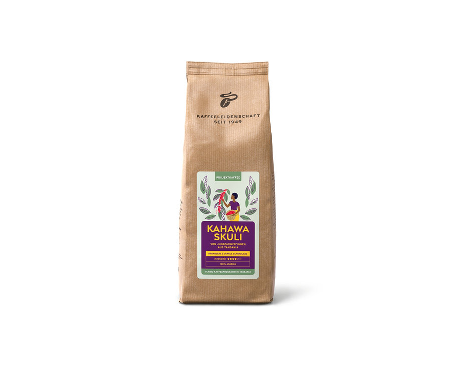 Eine Packung Projektkaffee Kahawa Skuli - 500 g ganze Bohne.