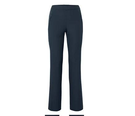Dunkelblaue Hose mit geradem Bein und schrägen Reißverschlusstaschen an den Seiten, auf weißem Hintergrund.