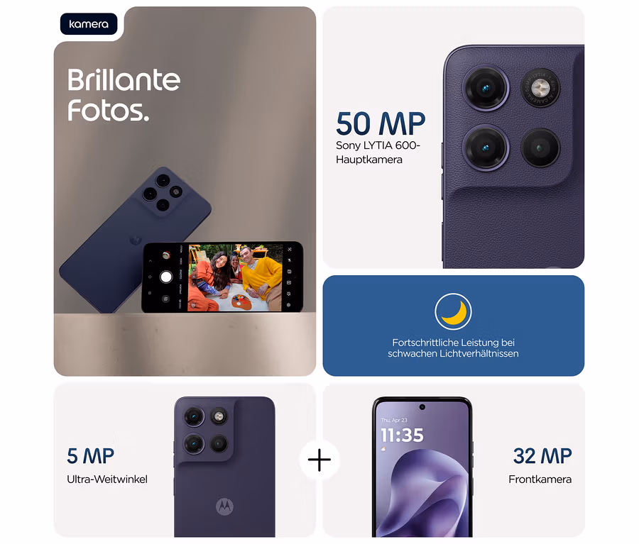 Das Motorola moto g17 LTE in Evening Blue zeigt Kamerafunktionen mit Beispielbildern.
