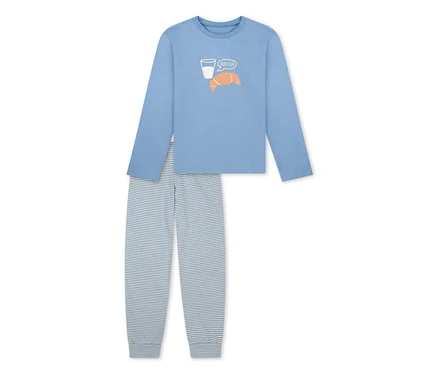 Hellblauer SCHIESSER Kinder-Pyjama mit Langarm-Oberteil mit Milchglas-, Croissant- und "BONJOUR"-Aufdruck und gestreifter Hose.