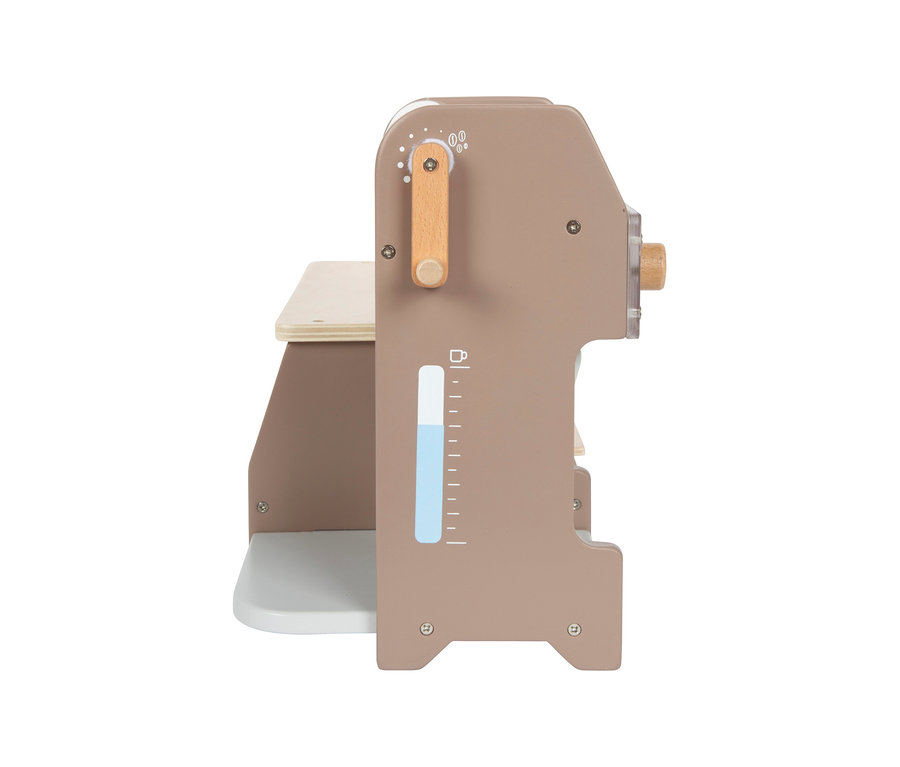 Braune Spielzeug-Kaffeemaschine aus dem small foot Barista-Set mit Holzgriff und Wasserstandsanzeige.
