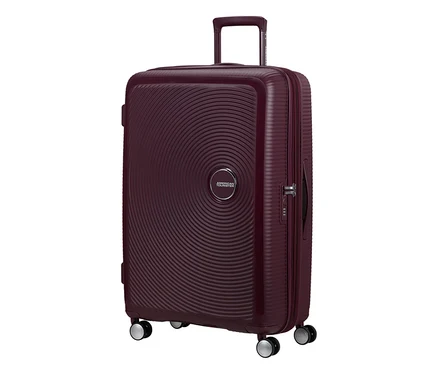 Großer American Tourister Soundbox Hartschalen-Spinner-Koffer in Wildkirsche mit strukturierter Oberfläche, Teleskopgriff und vier Rollen.