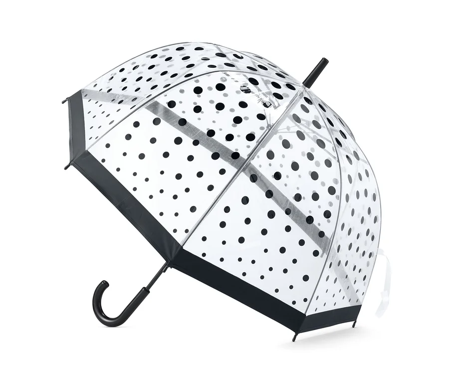 Ein durchsichtiger Regenschirm mit schwarzen Punkten.