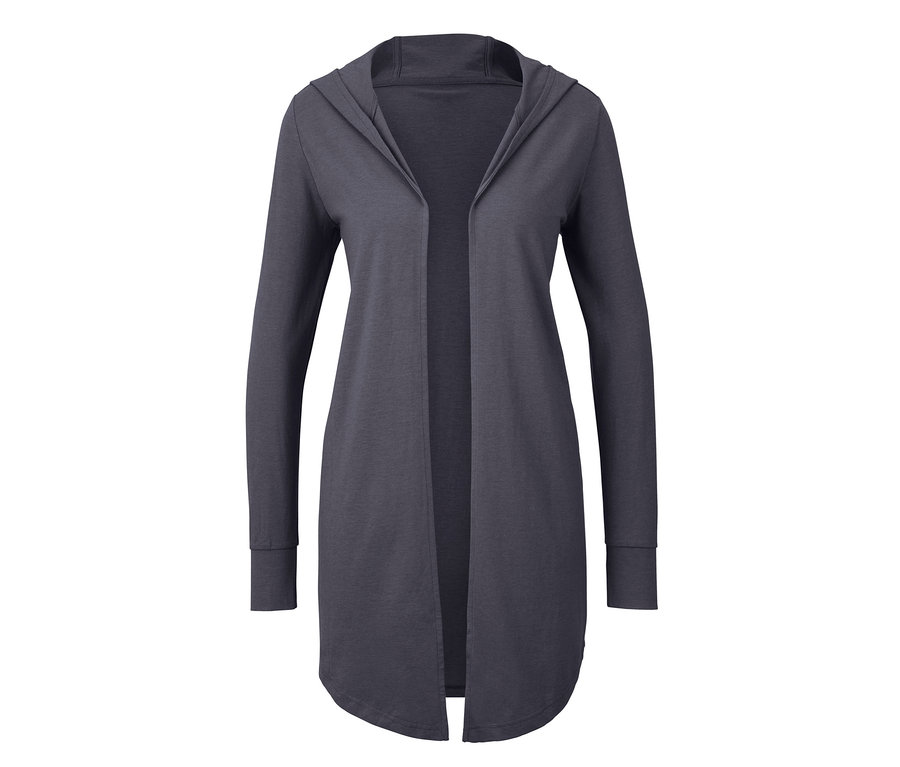 Graue Wellness-Sweatjacke mit Kapuze.