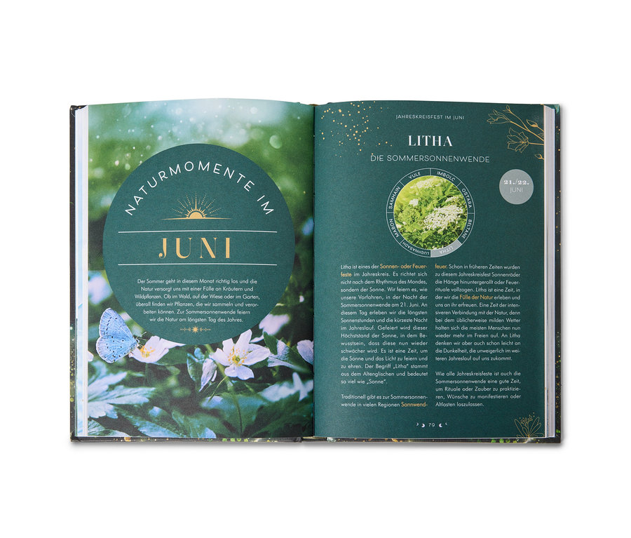 Offenes Buch mit Text und Naturbildern, links ein blauer Schmetterling auf weißen Blüten.