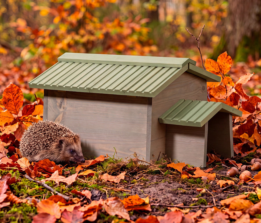 Ein Igel neben einem Holzhaus mit grünem Dach auf herbstlichem Waldboden voller Blätter.