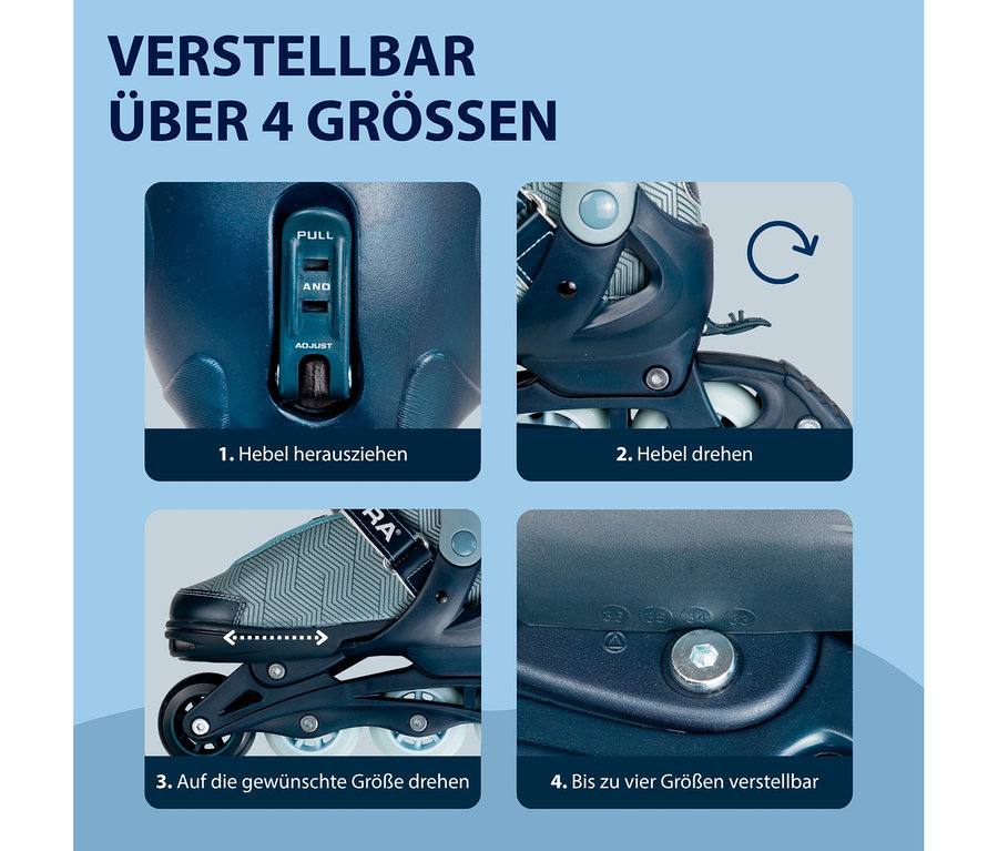 Vier Bilder zeigen die Größenverstellung der HUDORA Inline Skates »Leon 2.0«: Hebel ziehen, drehen, Schuh auf gewünschte Größe schieben und die vier einstellbaren Größen.