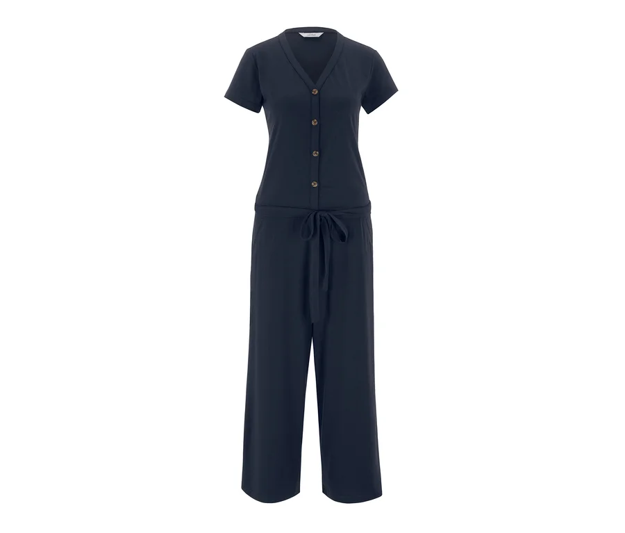 Marineblauer Jumpsuit mit kurzen Ärmeln und Knöpfen.