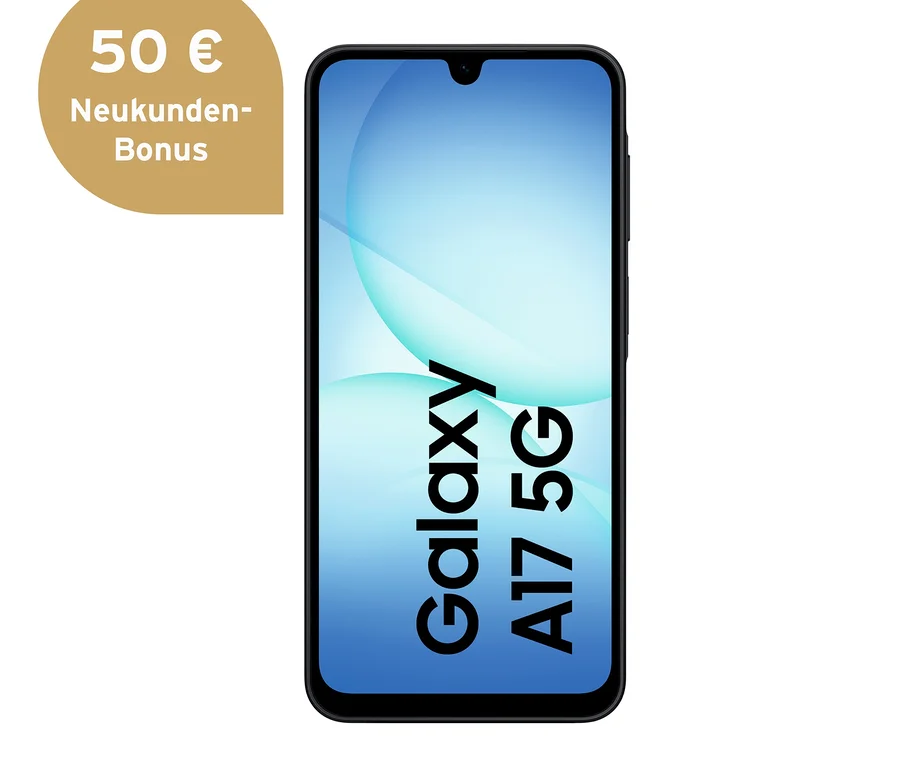 Schwarzes Samsung Galaxy A17 5G mit 128 GB Speicher.