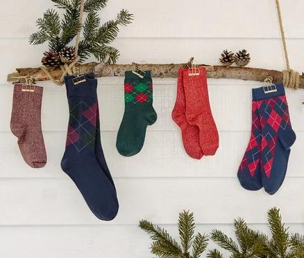 Fünf Paar Socken und drei Paar Kinder-Glitzersocken hängen an einem Ast, der mit Tannenzweigen und Tannenzapfen geschmückt ist.
