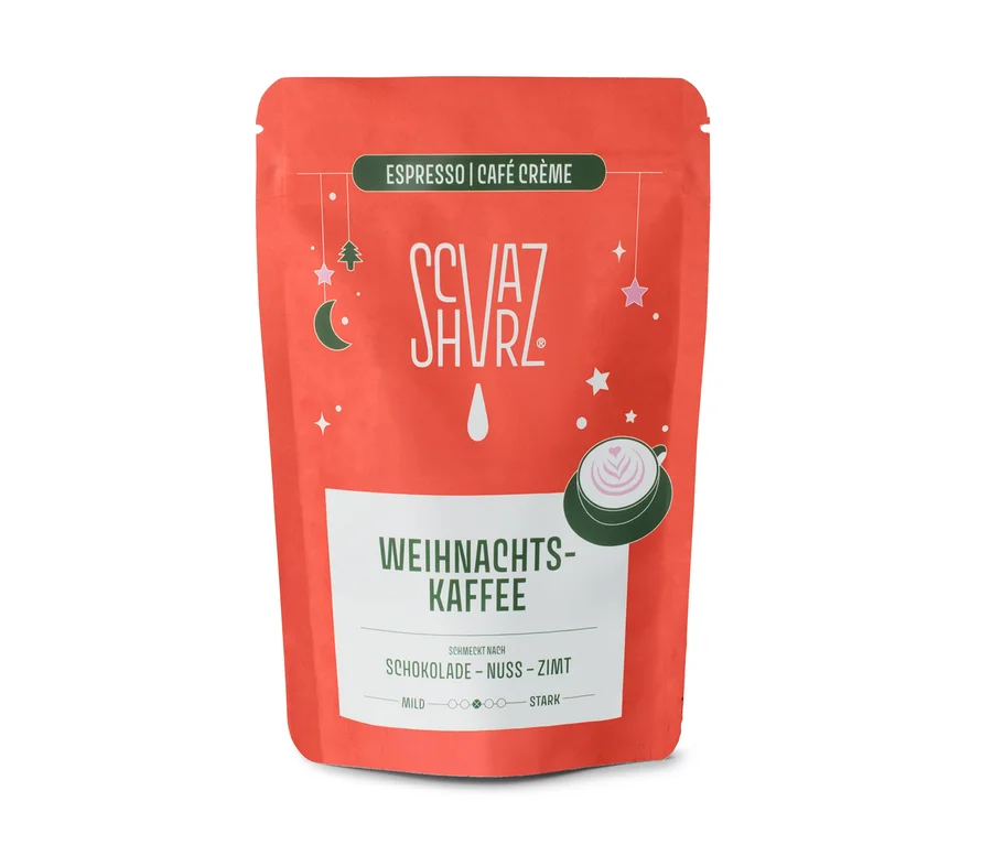 Rote Schvarz Weihnachtskaffee Espresso Packung mit 'Espresso | Café Crème', Geschmack Schokolade, Nuss, Zimt und Weihnachtsdeko.