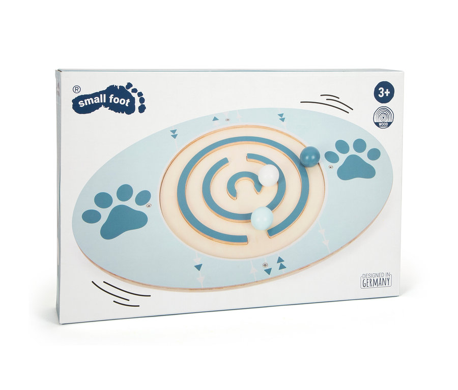 Verpackung des small foot Balancierbretts »Himmelspfote« mit Labyrinth und Kugeln.
