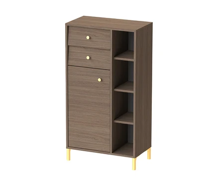Highboard "Cottage" in Nussbaum, 60 cm breit, mit zwei Schubladen, einer Tür und drei offenen Fächern, auf goldenen Beinen.