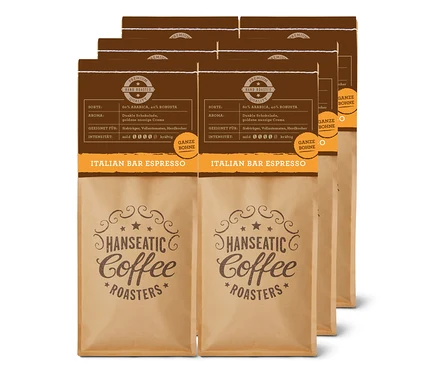 Sechs braune Hanseatic Italian Bar Espresso Kaffeepackungen mit je 1 kg ganzen Bohnen, die Details zu Sorte, Aroma und Intensität zeigen.
