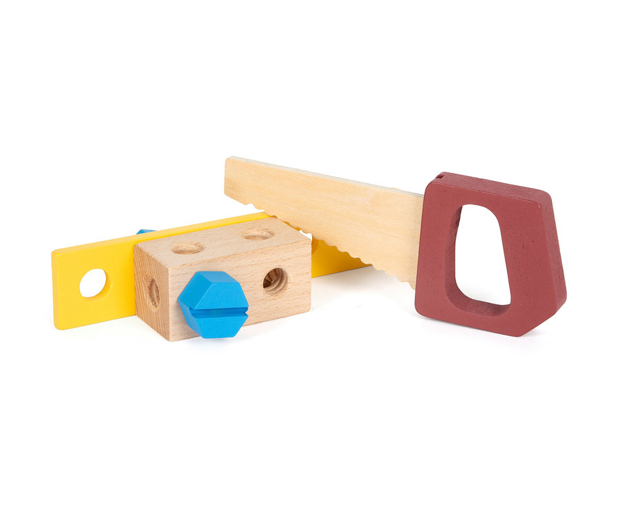 small foot Werkzeugkoffer »Workshop« aus Holz mit Säge, Würfel, Schraube und gelbem Element.