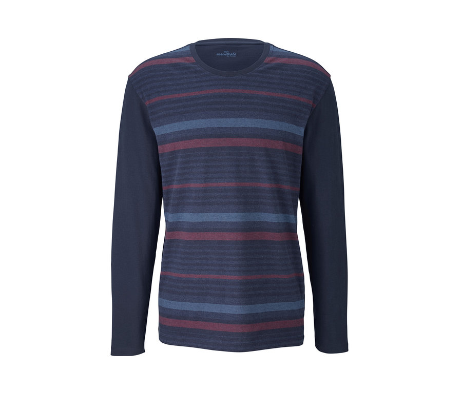 Blauer Pyjama mit langen Ärmeln und Streifenmuster.