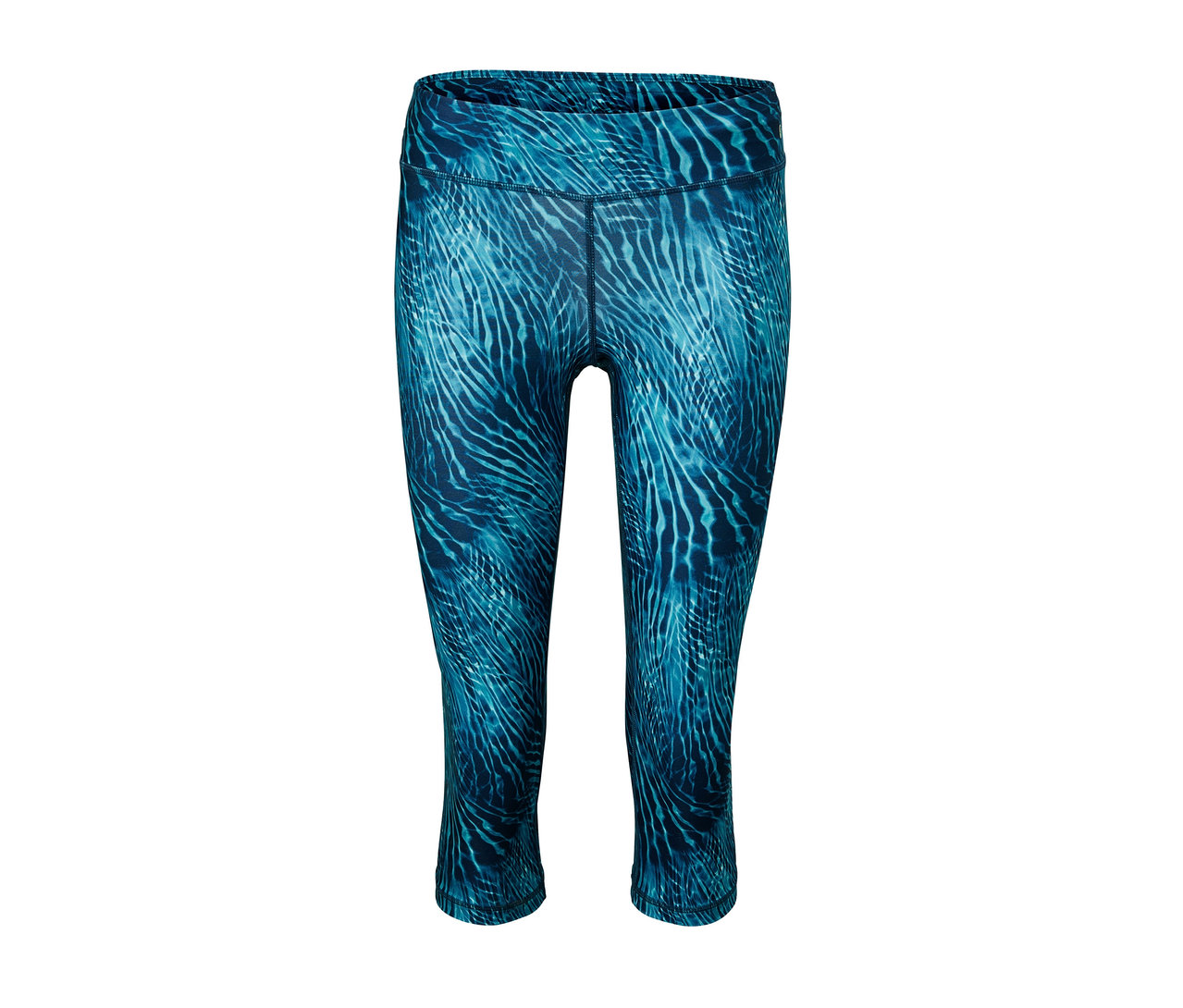 Eine blaue 3/4-Sporttight mit Muster.