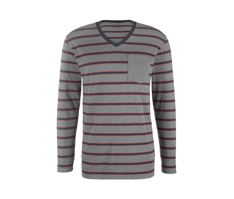 Grauer Jersey-Pyjama mit dunkelblauen und roten horizontalen Streifen und Brusttasche.