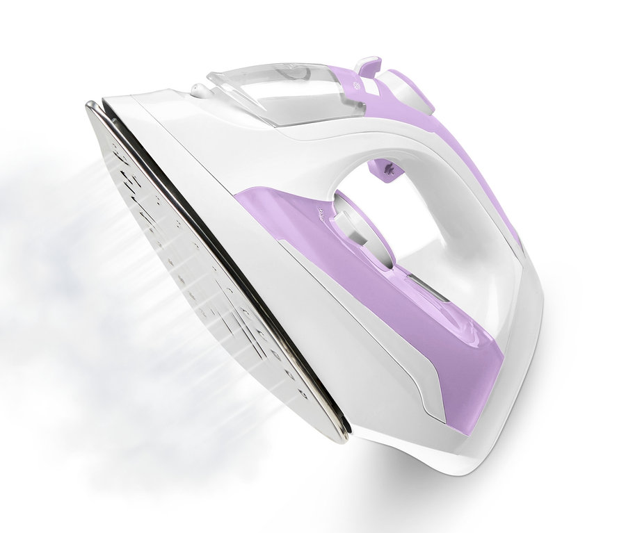 Detailansicht eines kabellosen Dampfbügeleisens in Weiß und Lila.