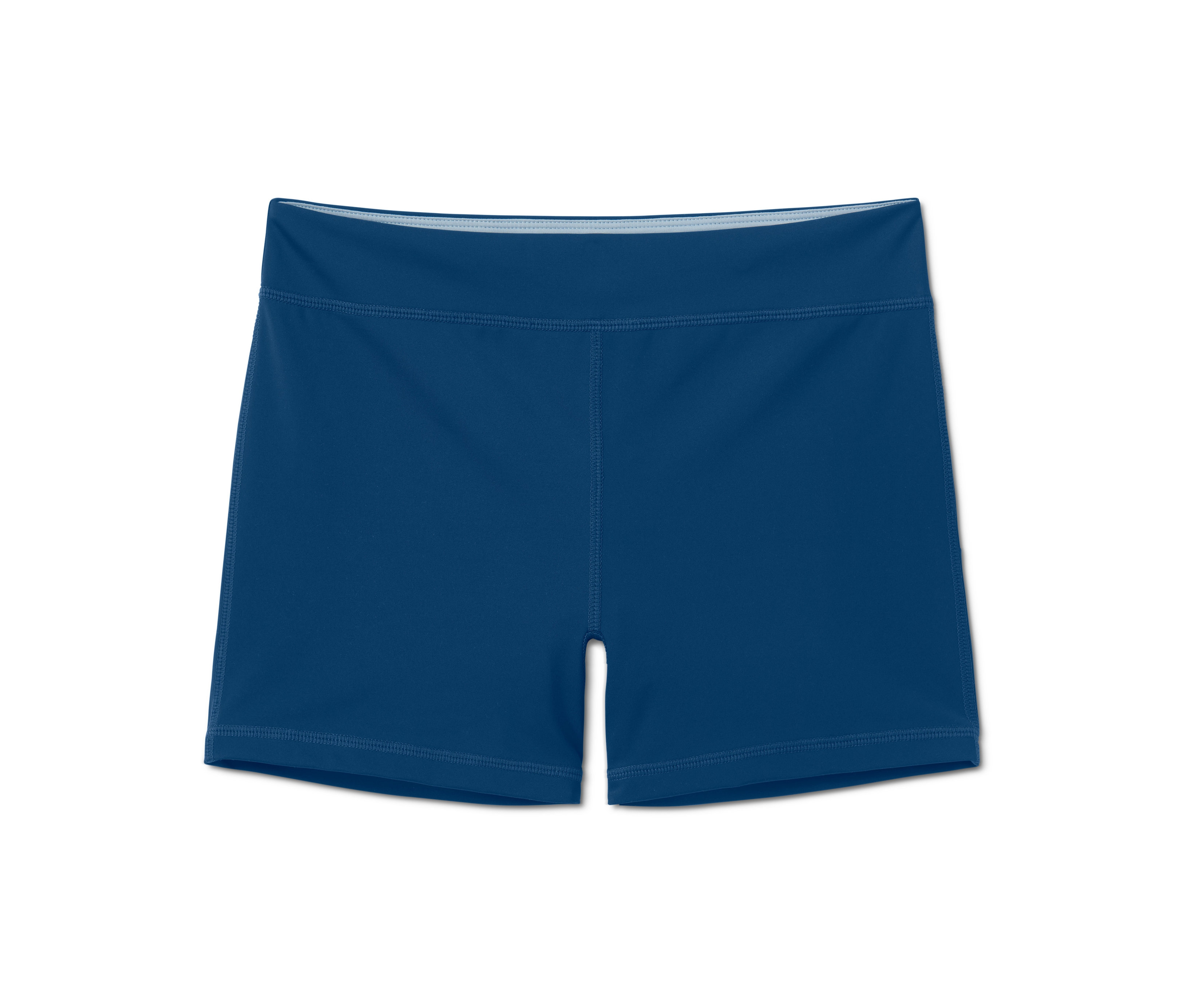 Marineblaue Lauf- und Badeshorts auf weißem Hintergrund.
