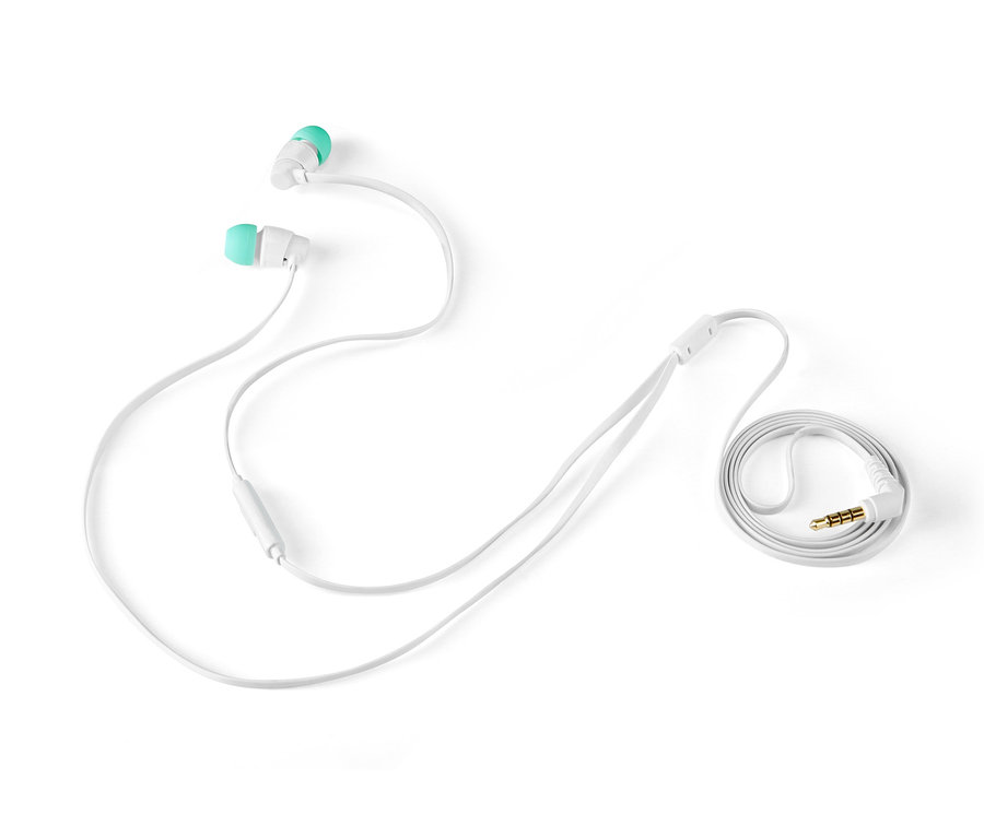 Weiße In-Ear-Kopfhörer mit türkisfarbenen Ohrstöpseln auf weißem Hintergrund.