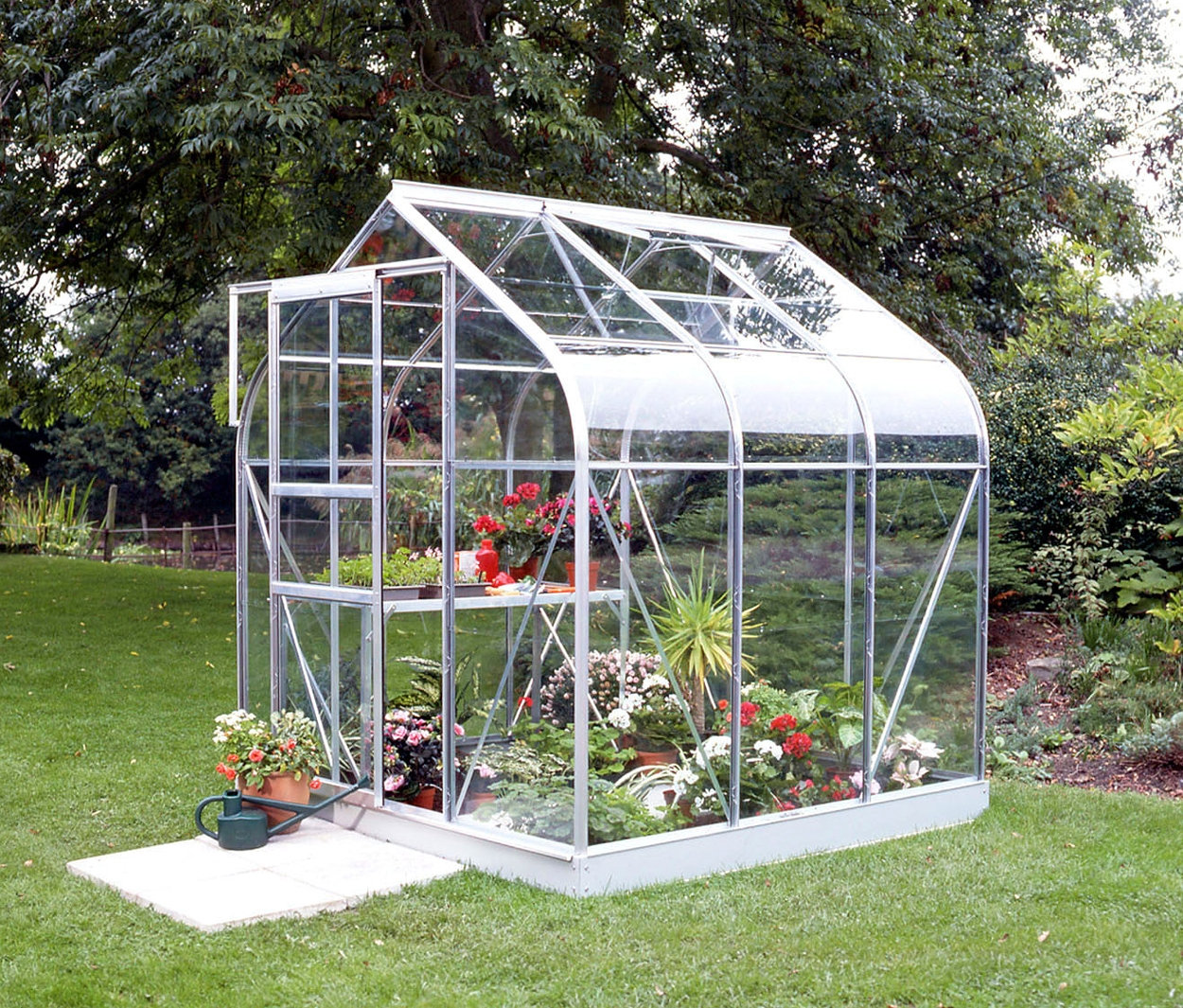 Vitavia-Gewächshaus »Orion 3800« mit Einscheibensicherheitsglas und Pflanzen darin steht auf einer Wiese.