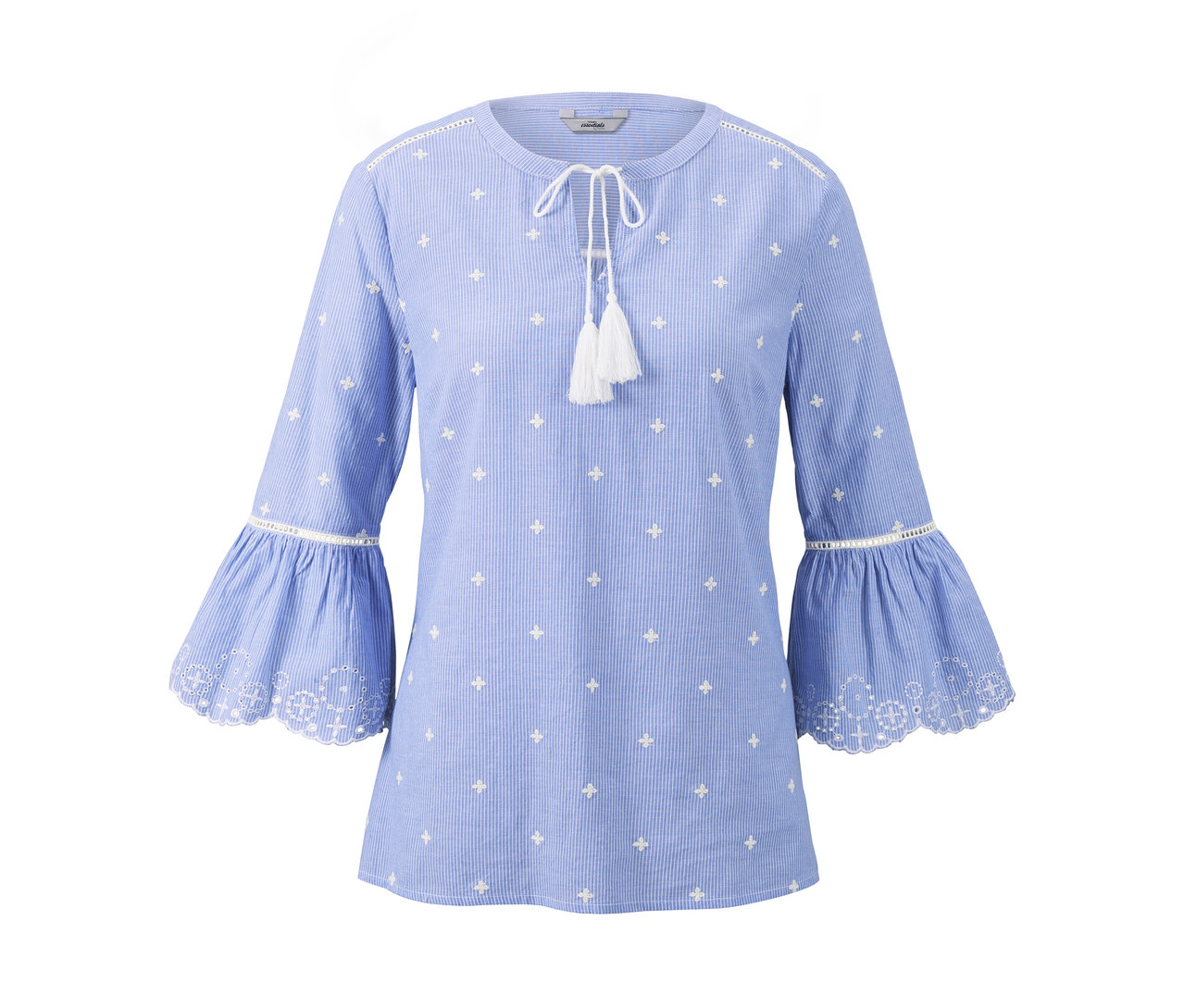 Gestreifte blaue Bluse mit Volants und Lochstickerei.