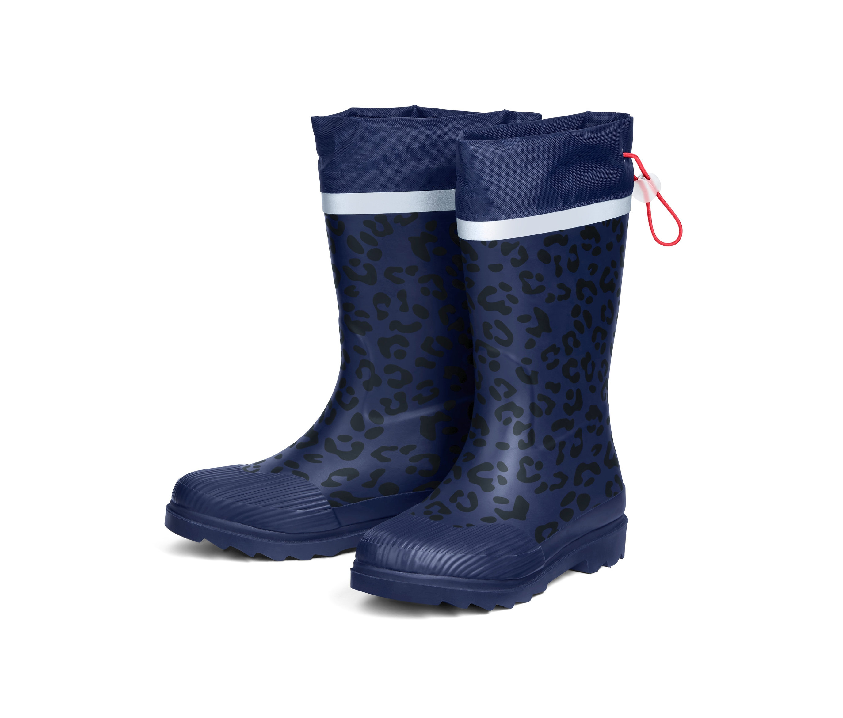 Marineblaue Regenstiefel mit schwarzem Tiermuster und Kordelzugmanschette.